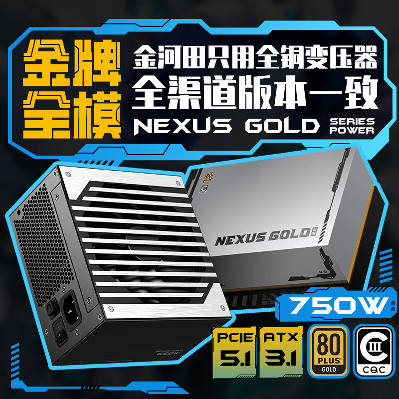 金河田（Golden field）Nexus Gold 750W 黑 ATX3.1台式电脑电源 金牌双认证/12V-2*6/日系主电容/稳压5070显卡/压纹线