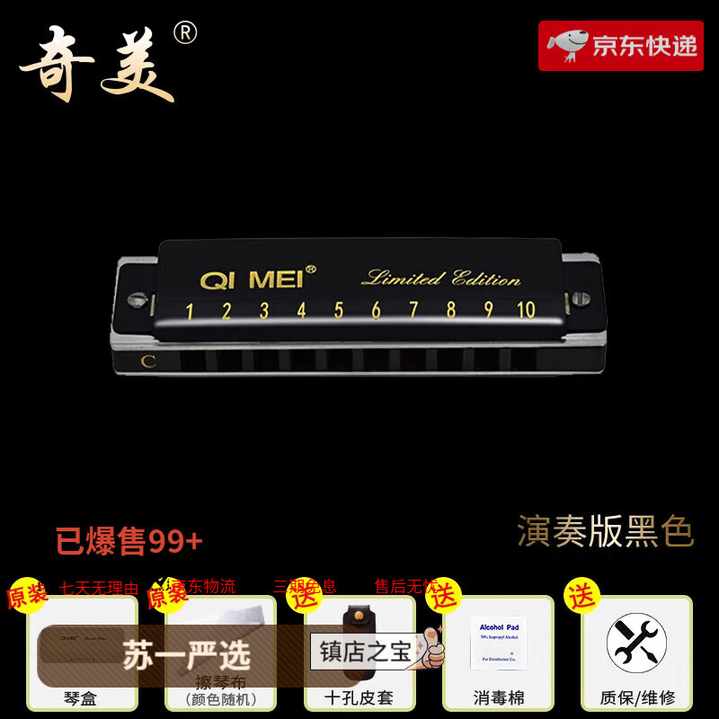 奇美黑霸王布鲁斯口琴10孔演奏版初学者学生自学蓝调十孔口琴儿童入门 【演奏版】黑色+皮套+擦琴布+消