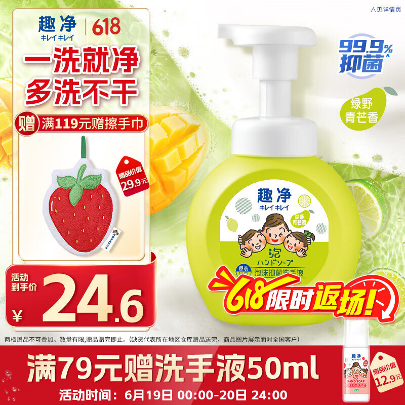 狮王（Lion）趣净泡沫抑菌洗手液绿野青芒香250ml天然植萃保湿家庭滋润儿童