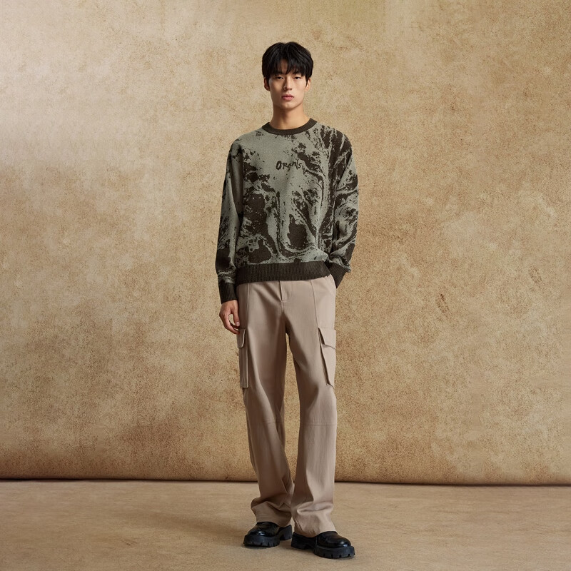 杰克·琼斯（JACK&JONES）男装25年秋冬季毛衣男士雪尼尔亲肤水墨风宽松休闲满印针织打底衫 E06黑橄榄 L （180）