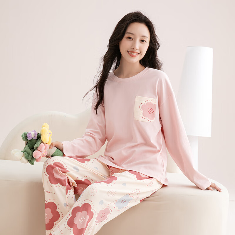 芬腾睡衣女100%纯棉2025秋新款亲肤圆领长袖花卉休闲家居服套装可外穿 浅粉 M