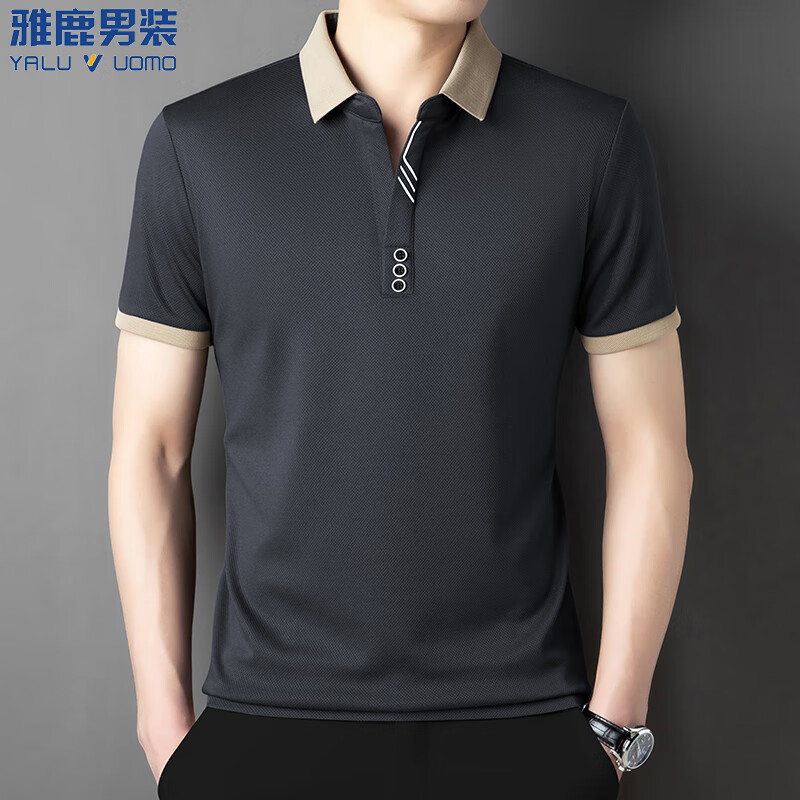 雅鹿男装速干面料长袖t恤男纯色翻领男士冰丝体恤衫中青年男装 8168短袖灰色 XL (175)（建议135-155斤）