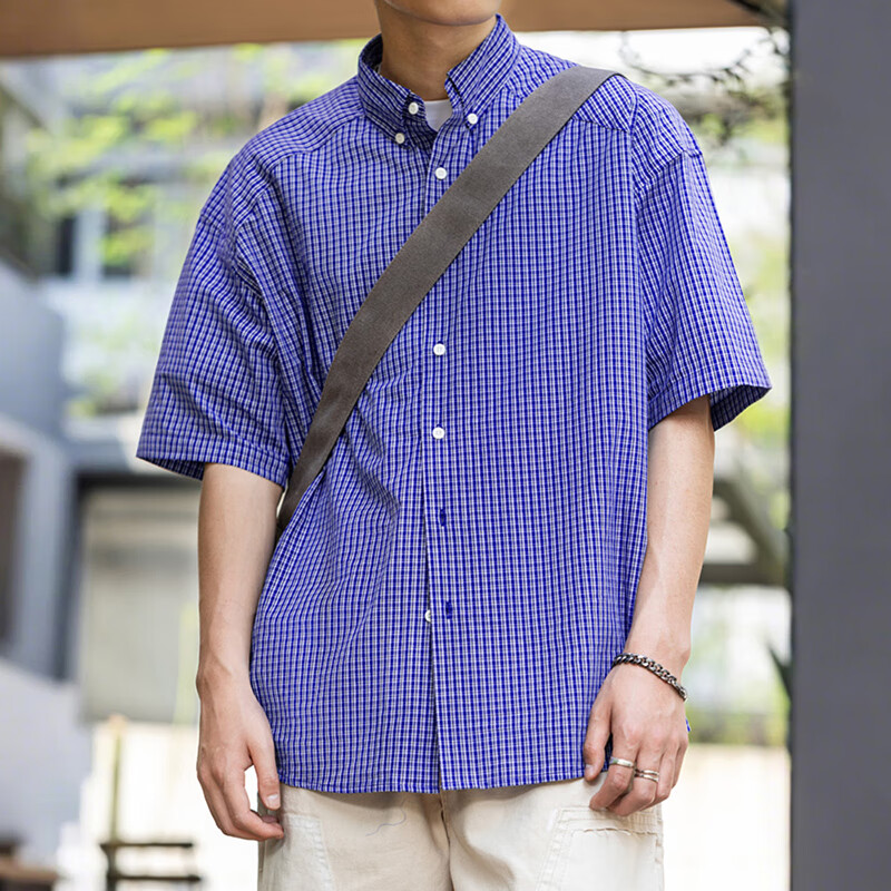 Mr.AIVY格纹短袖衬衫薄款蓝色纯棉休闲宽松半袖衬衣外套男夏 MRA男装  咖色 2XL