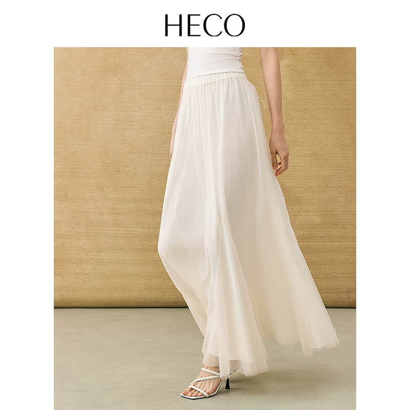 HECO【雅逸纱裳】新中式国风简约大摆裙半身裙2025雅飘逸网纱半裙 白色 S