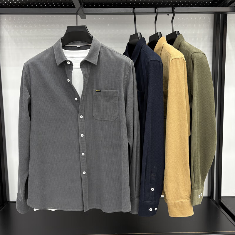 老爷车（LAOYECHE）100%纯棉灯芯绒真口袋男士长袖衬衫纯色休闲秋装衬衣保暖男装寸衫 IF-24620豆绿 L 推荐120-135斤