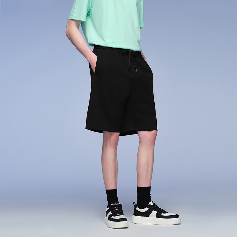 黑鲸腰间抽绳休闲中裤男宽松舒适直筒短裤男裤子男 黑色01 L