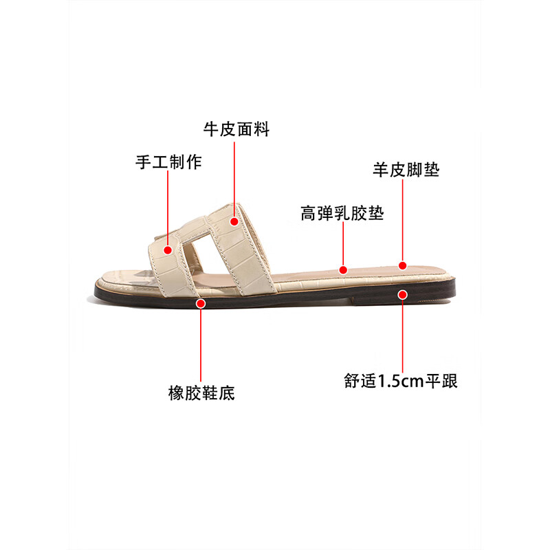 CAMILA KSENIA皮拖鞋女2026新款夏季休闲百搭一字拖时尚平底显白凉拖鞋沙滩鞋子 杏仁奶油白 38
