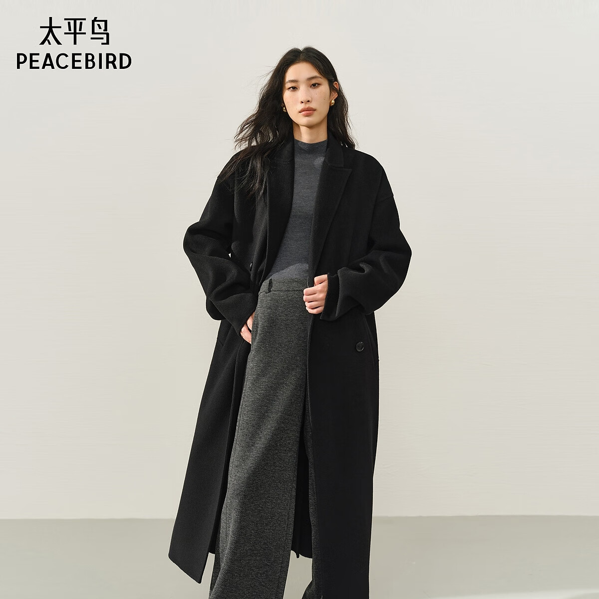 太平鸟女装毛呢大衣甄绒系列浴袍式2.0女双面毛呢外套D 黑色 M