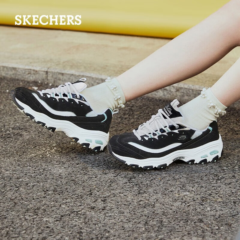 斯凯奇（Skechers）女鞋春季蕾丝熊猫鞋厚底增高百搭休闲运动经典复古老爹鞋11959 黑色/白色/BKW 尺码偏大，建议选小半码 37