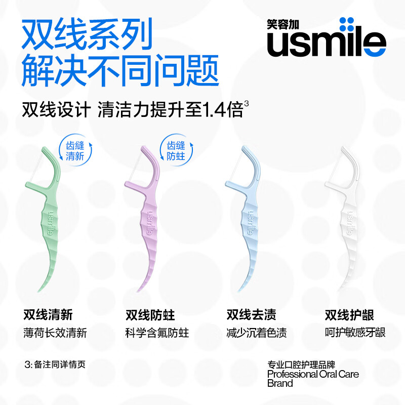 usmile笑容加双线清新牙线棒牙线签薄荷口味抗龋防蛀清洁牙齿缝超细罐装 双线防蛀牙线棒（曦柠）50支*1盒