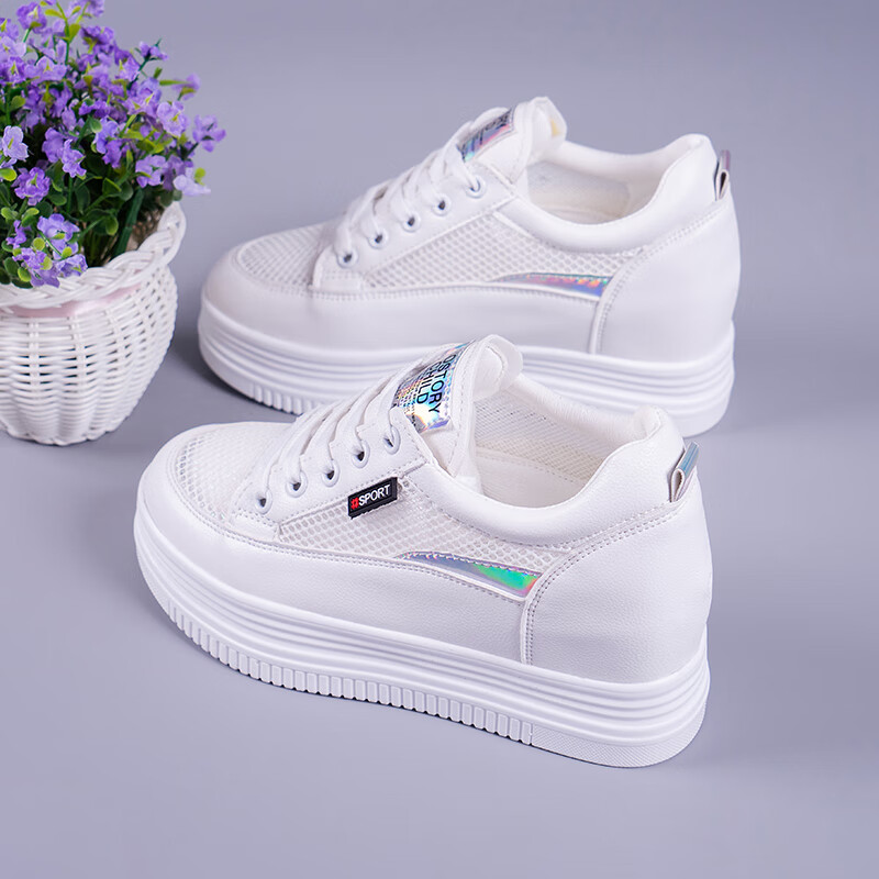 新款2023年夏季新款女鞋松糕厚底休闲运动女百搭内增高网纱透1aj 银色