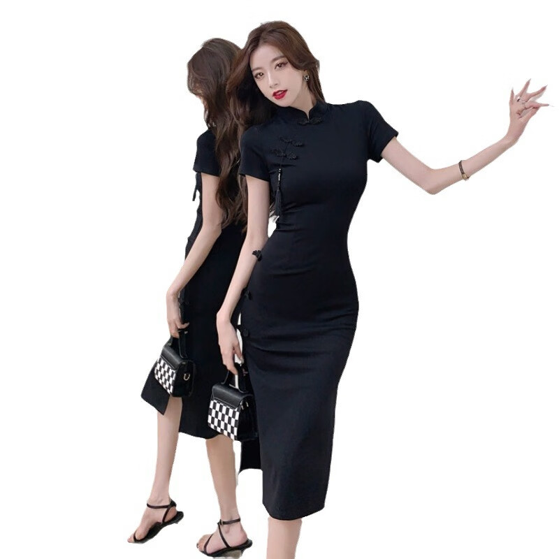 【优选】新中式黑色连衣裙女夏季复古盘扣改良旗袍设计感收腰开叉 黑色 S