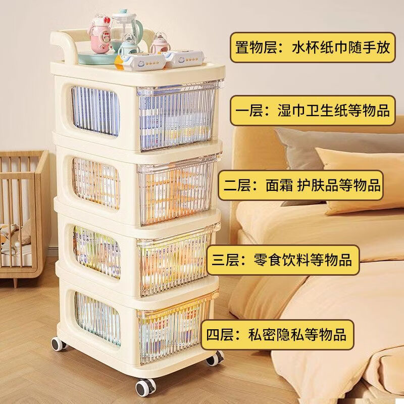 客厅奶油风置物架小推车家用落地抽屉式多层移动收纳储物架收纳柜 【米色五层】收纳架+滚轮 【遮挡抽屉加厚】