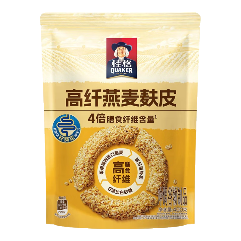 桂格（QUAKER）高纤麸皮燕麦400克 代餐食品 早餐减脂 无糖即食