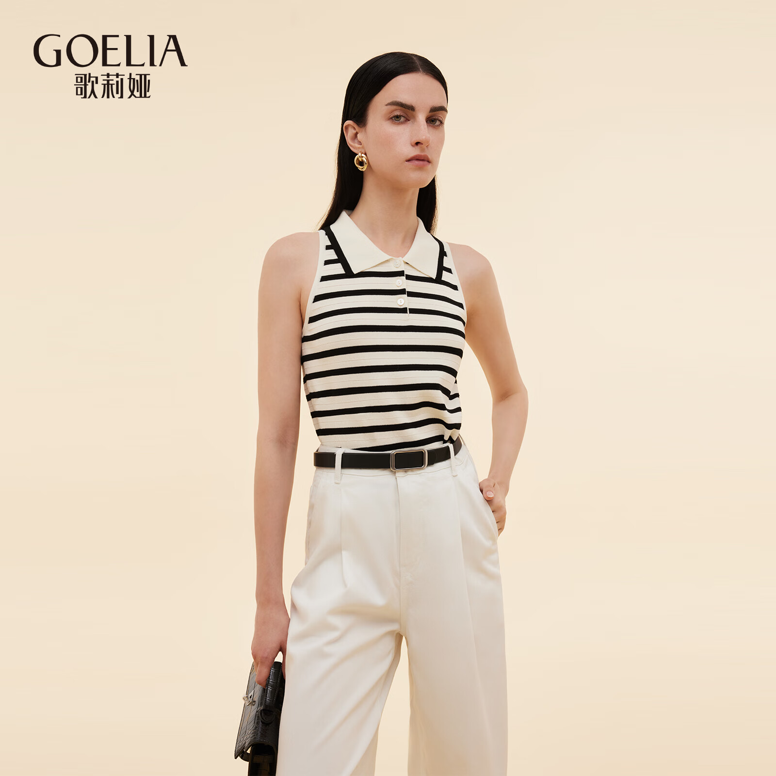 歌莉娅天丝上衣女2025新款夏季穿搭polo领条纹外穿背心1E9L5B560 14S黑白间条 M