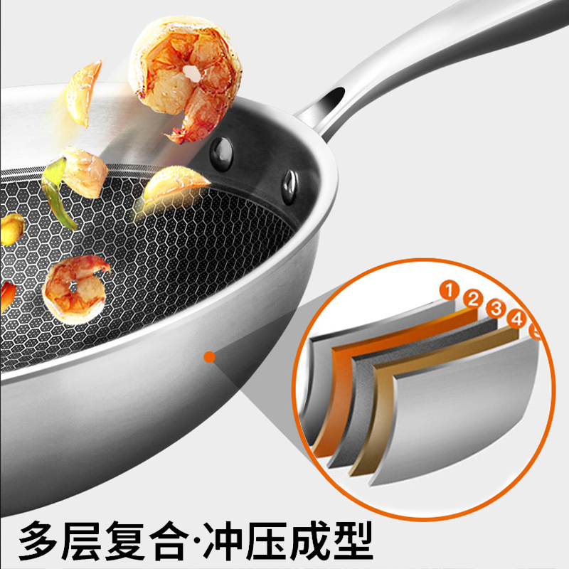 康巴赫(KBH)炒锅不粘锅蜂窝锅304不锈钢32cm少油烟平底炒菜锅电磁炉燃气通用 【304不锈钢蜂窝锅】含盖 32cm