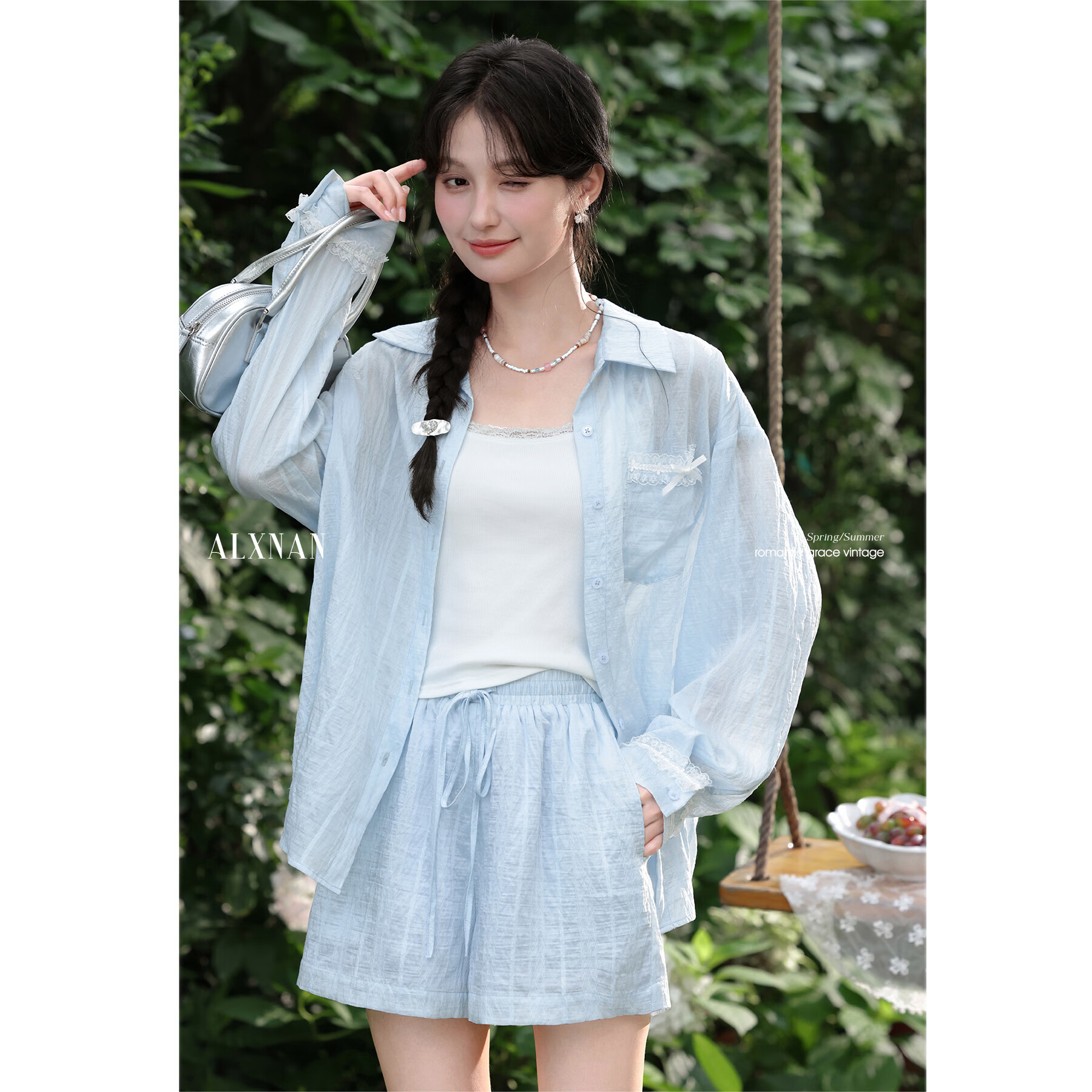 鹿向南薄荷蓝冰法式浅蓝色薄款防晒衬衫女夏显瘦开衫外套上衣 浅蓝色短裤/ 现货 M