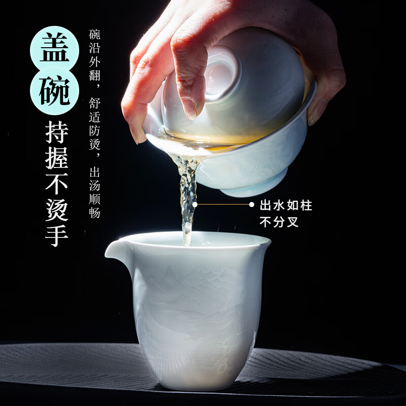 翠玉满堂景德镇茶具套装影青瓷雕刻手工高档陶瓷整套送老师领导礼物 【景德镇制】静似山6头
