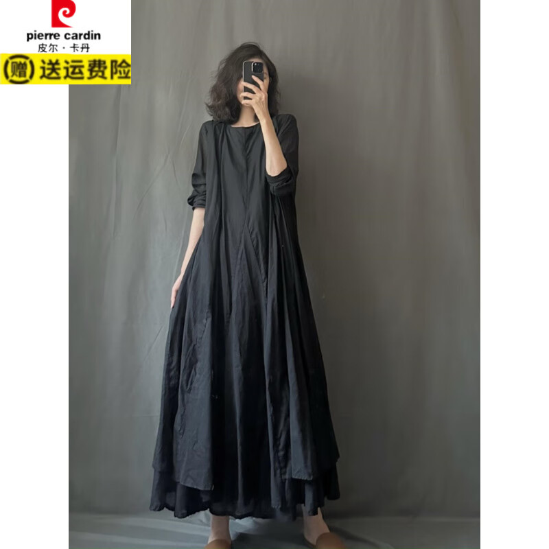 皮尔卡丹(pierre cardin)黑白圆领套头长袖长款连衣裙宽松森系薄棉长裙2026新款春夏长袍子 黑色长裙 均码 【建议90-165斤】