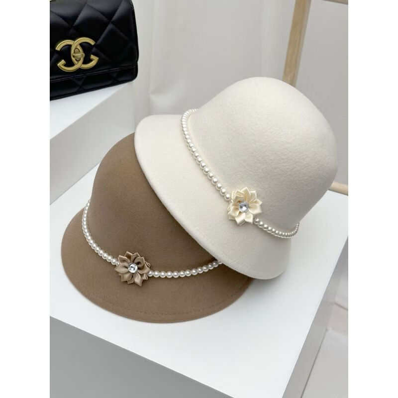 【优选直发】珍珠花朵毛呢渔夫帽子女秋冬法式复古显脸小盆帽优雅 珍珠花朵-黑色 M（56-58cm