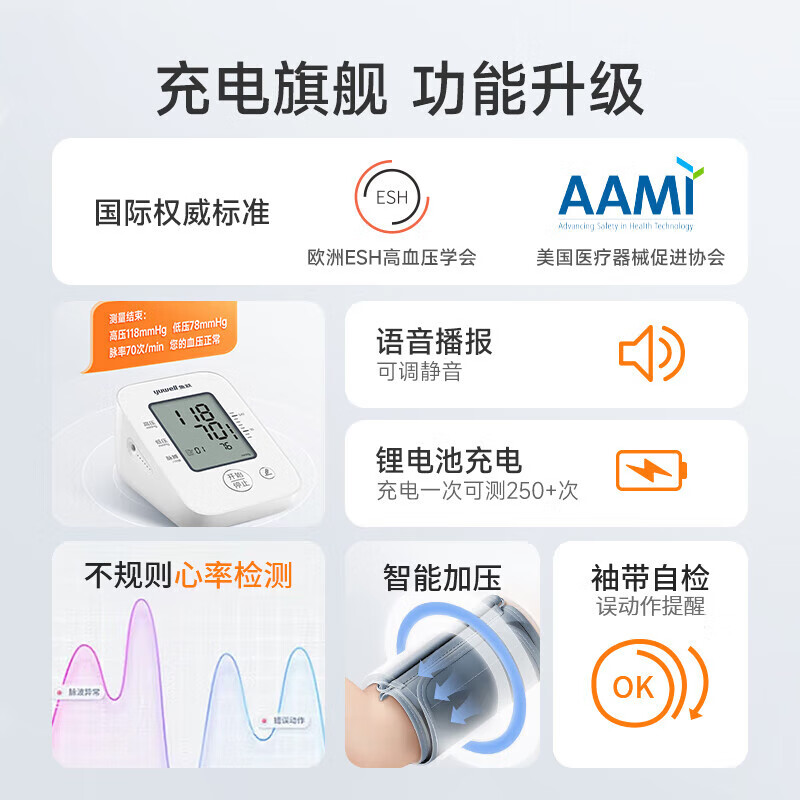 鱼跃(yuwell)血压测量仪 家用电子血压计 医用高精准测量监测仪器臂式送礼物 【店长力荐】语音充电性价款+一机双测