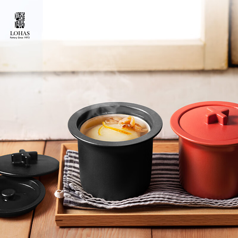 陆宝家用健康陶瓷炖盅隔水带盖十字炖罐400ml 给宝宝蒸蛋煲汤燕窝盅 富贵红 400ml