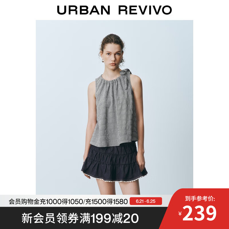 UR2025夏季新款女装蝴蝶结系带格纹无袖罩衫衬衫UYU250069 黑色格子 M