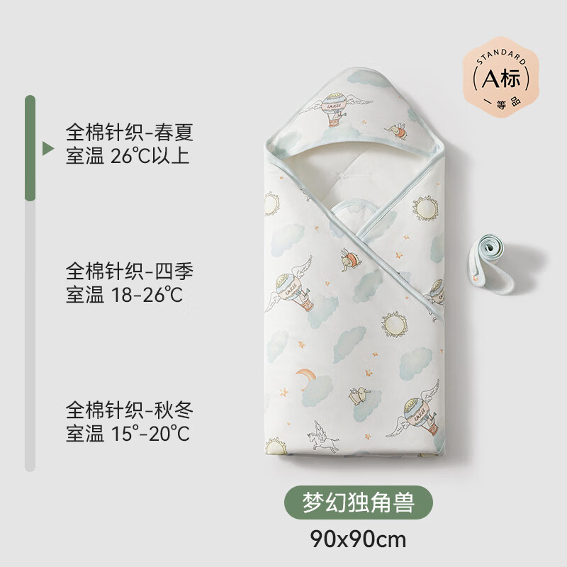 嫚熙（EMXEE）婴儿包被新生儿宝宝抱被四季纯棉防惊跳产房包单 【春夏款】梦幻独角兽 室温26℃以上 90×90cm
