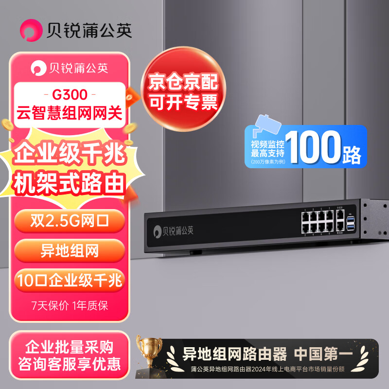 贝锐蒲公英G300机架式企业级路由器千兆2.5G网口多双WAN口10个网口异地组网2个USB口智能组网远程访问