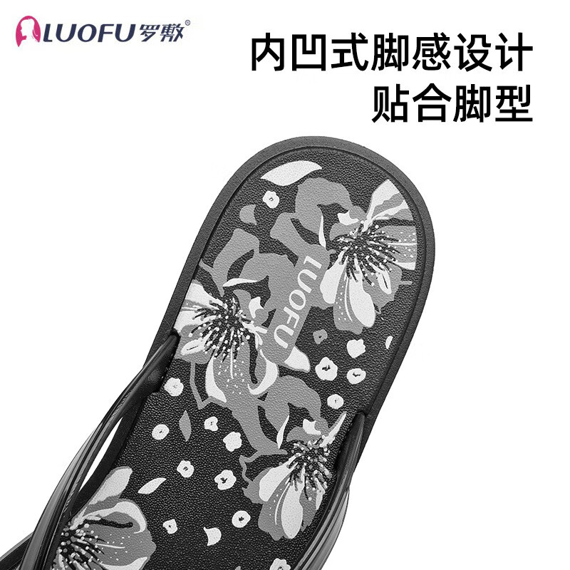 罗敷（Luo Fu）2025新款人字拖女士洋气印花防滑拖鞋夏外穿海边沙滩舒适柔软凉鞋 黑色 40