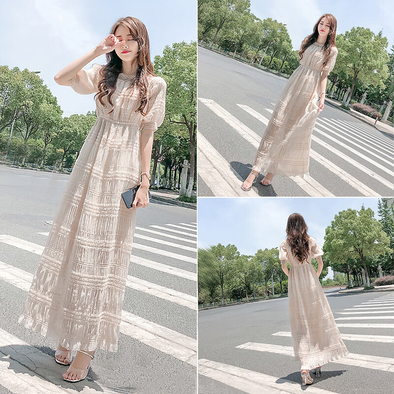长裙女夏衣服韩版ins超火的裙子一字肩褶皱奶油仙女连衣裙夏连衣裙长