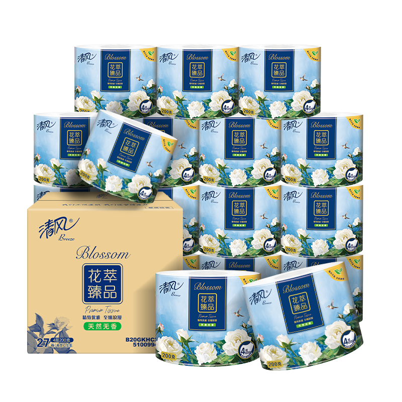 清风【李昀锐同款】有芯卷纸 花萃系列4层加厚200克*27卷 卫生纸