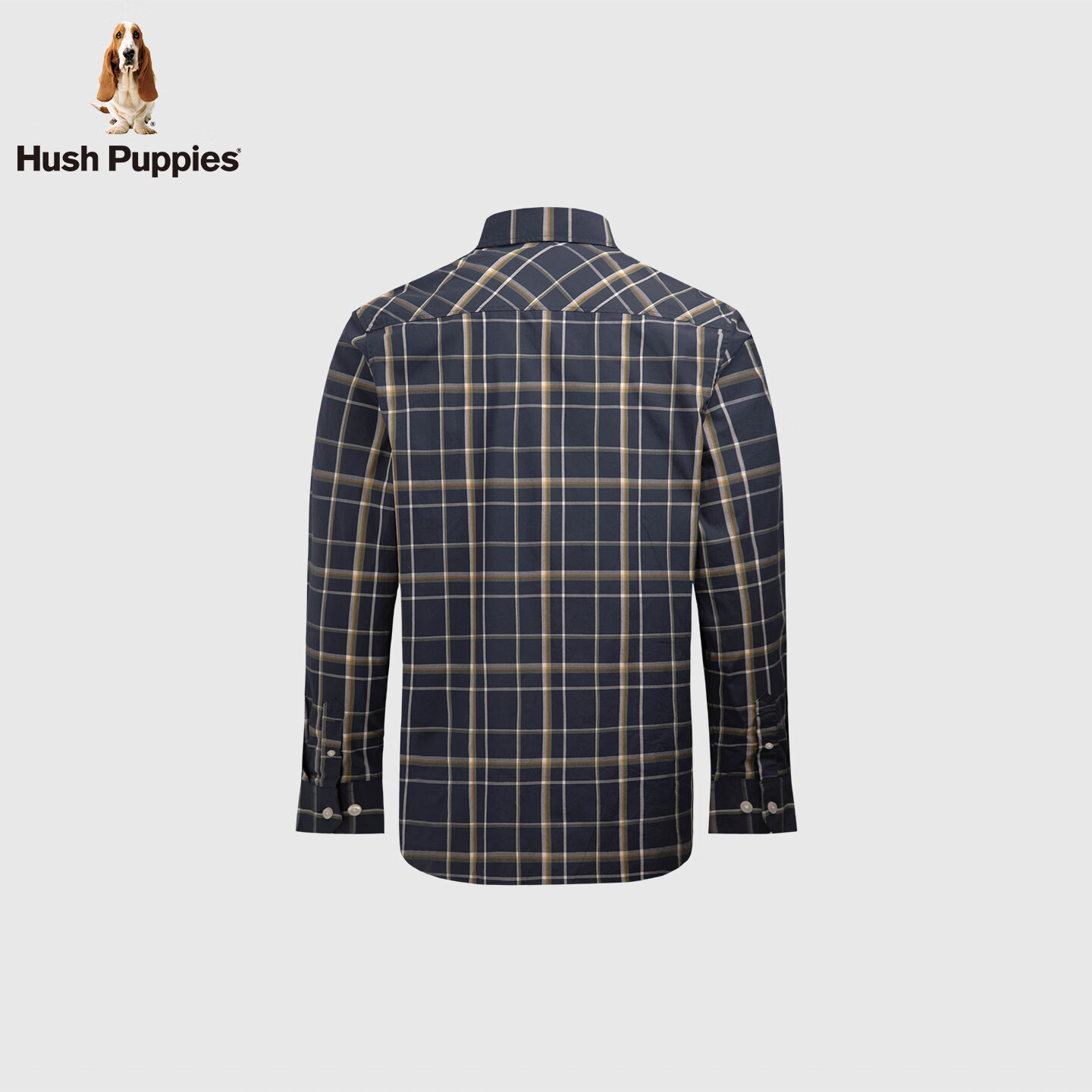 暇步士(Hush Puppies)【舒适全棉】男装2025秋季简约基础款格纹长袖衬衫 墨蓝色 XL