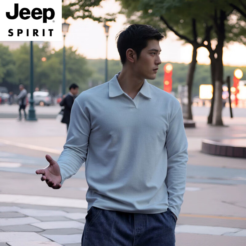 JEEP SPIRIT2025舒适新中式重磅华夫格亨利领Polo.衫长袖T恤运动卫衣健身新款 白色— Polo领 M