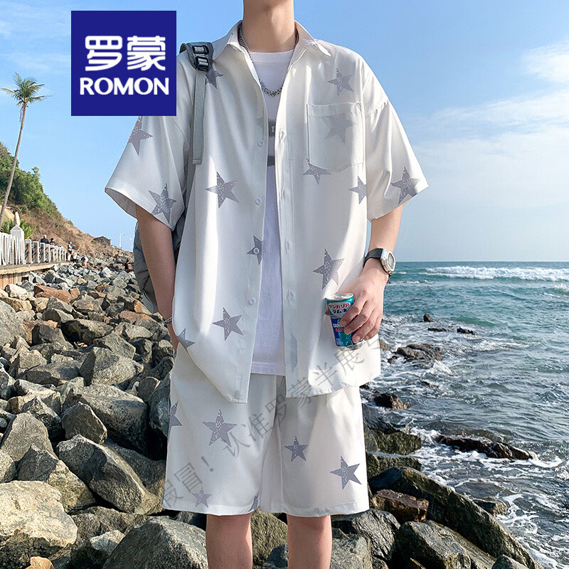 羅蒙（ROMON）冰絲涼感襯衣男士夏季海邊速干花短褲三亞旅游寬松大碼情侶套裝潮 白色 M