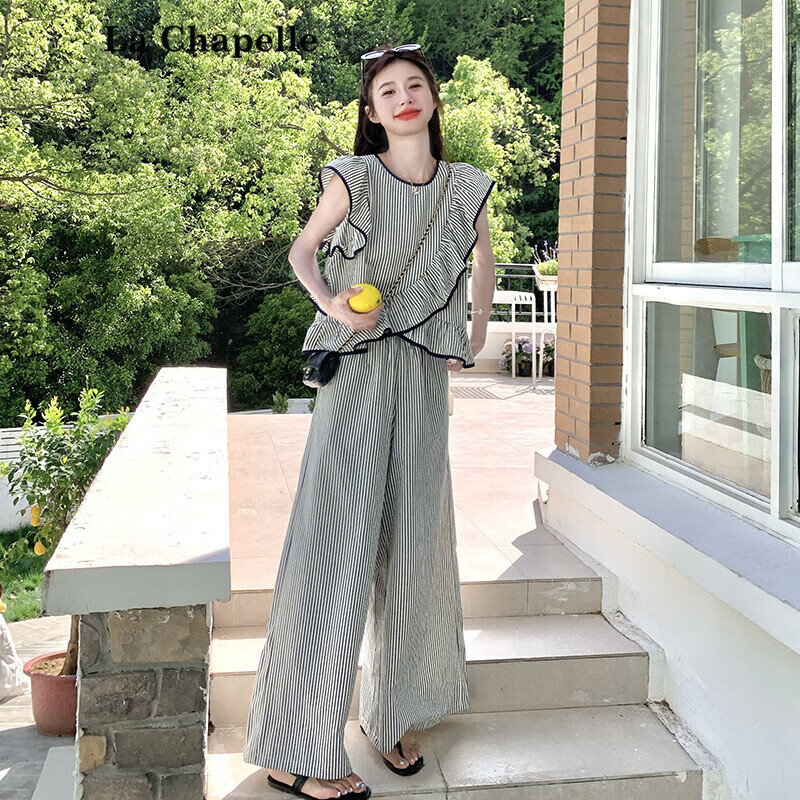拉夏貝爾（La Chapelle）韓里韓氣穿搭套裝女夏2025新款條紋荷葉邊小飛袖上衣闊腿褲兩件套 條紋 上衣+褲子 2XL (145斤內(nèi))