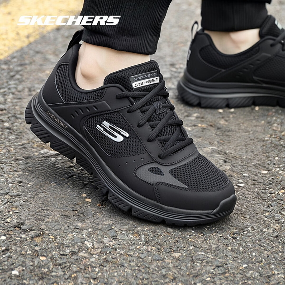 斯凯奇（Skechers）男鞋夏季2025新款黑武士休闲轻便运动鞋软底网面减震透气跑步鞋 黑武士BBK 39