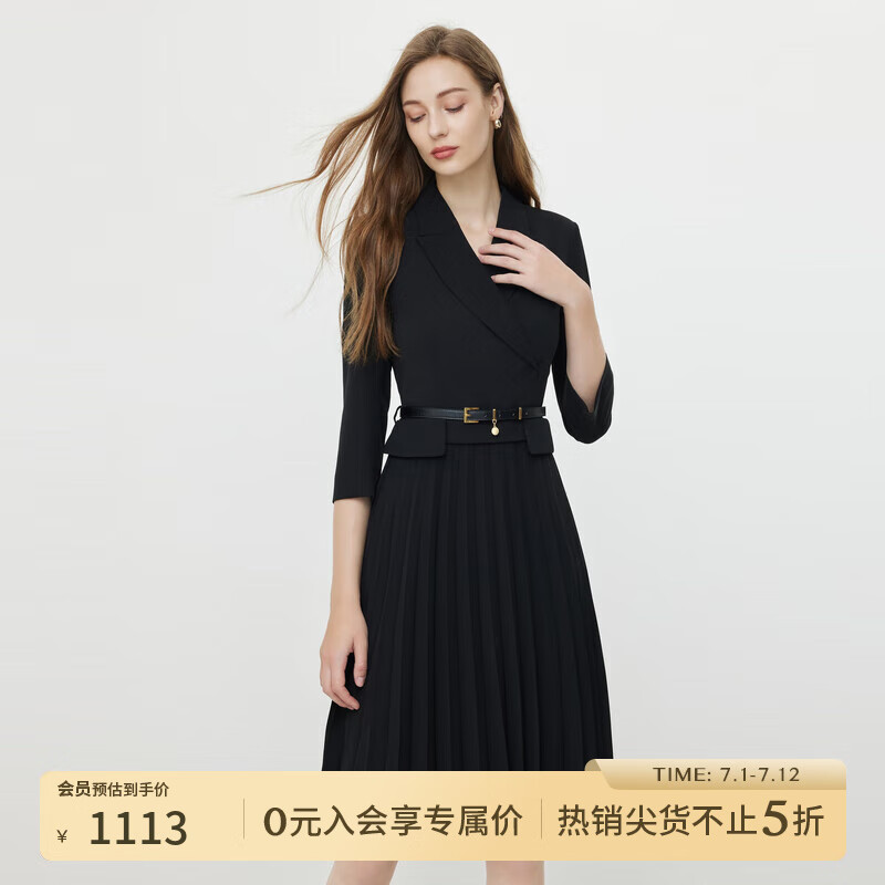 SCOFIELD假兩件西裝裙黑色百褶長袖優(yōu)雅氣質(zhì)純色連衣裙 黑色七分袖 S 160