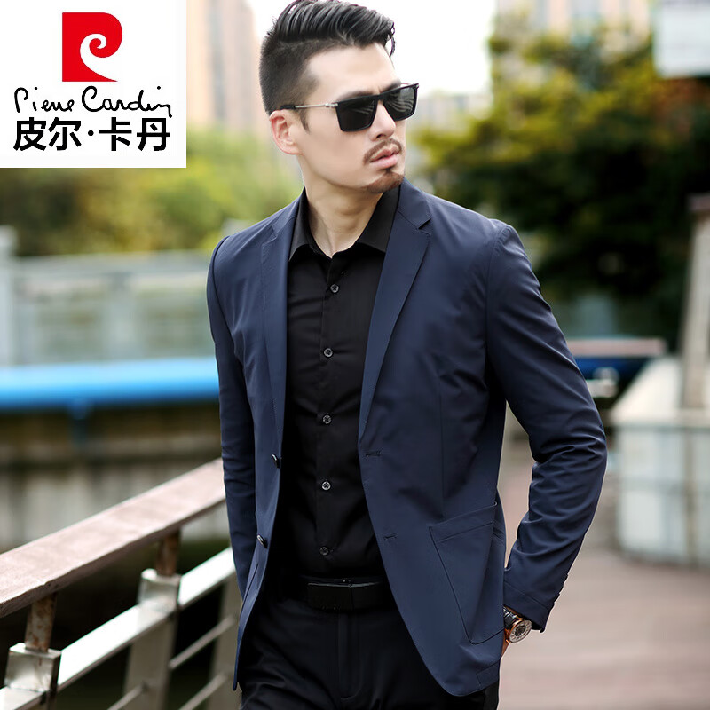 皮爾卡丹（pierre cardin）高端輕奢休閑西服男新款商務(wù)西裝中年男士秋裝外套春秋季薄款上衣 藍(lán)色 M 170 【建議100-125斤】