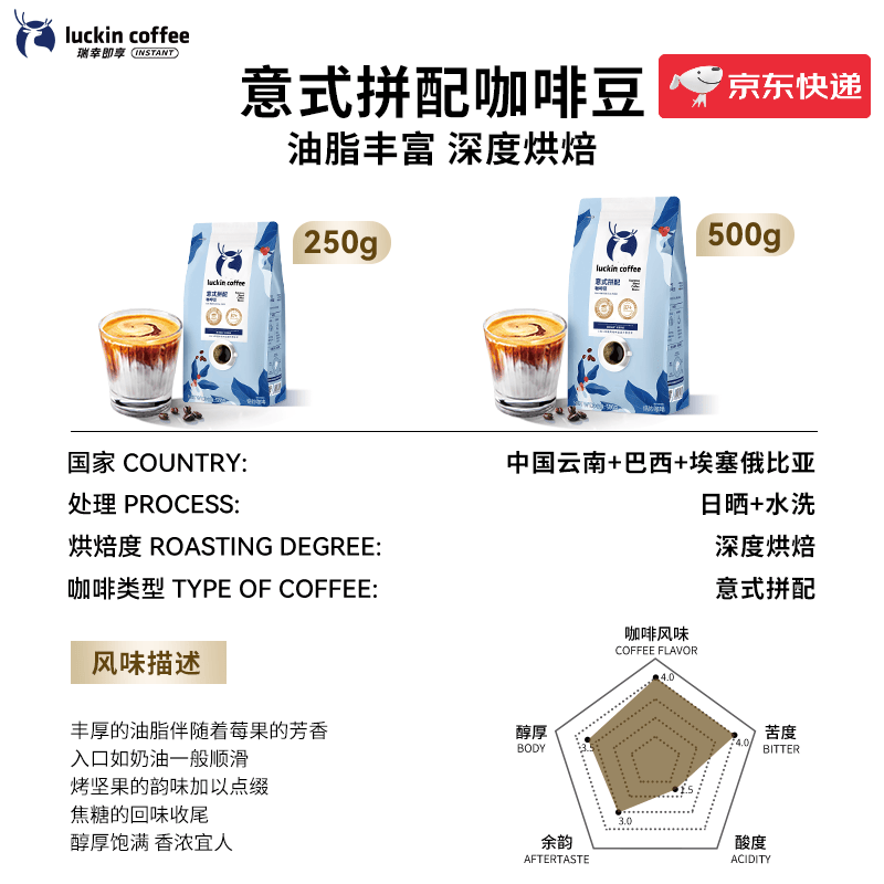 瑞幸咖啡精品手冲咖啡机深度烘焙冰黑咖啡手磨醇香 意式拼配咖啡豆 250g__袋_不磨粉