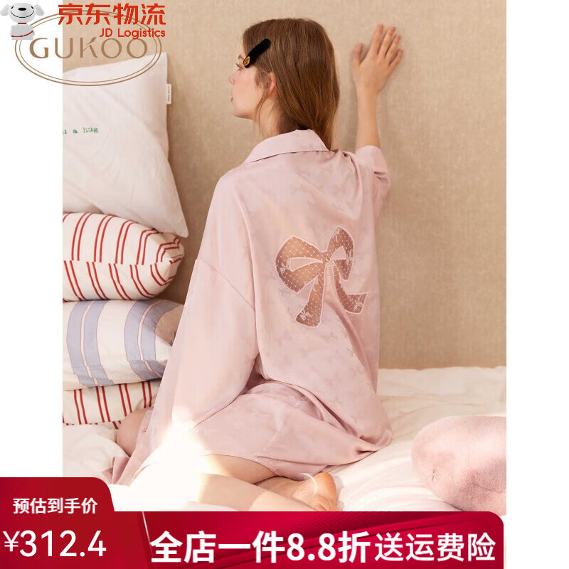 果殼（Gukoo）/果殼女士睡衣雪紡衫公主風(fēng)寬松襯衫裙翻領(lǐng)睡裙女士家居睡裙 蝴蝶結(jié)睡裙 S
