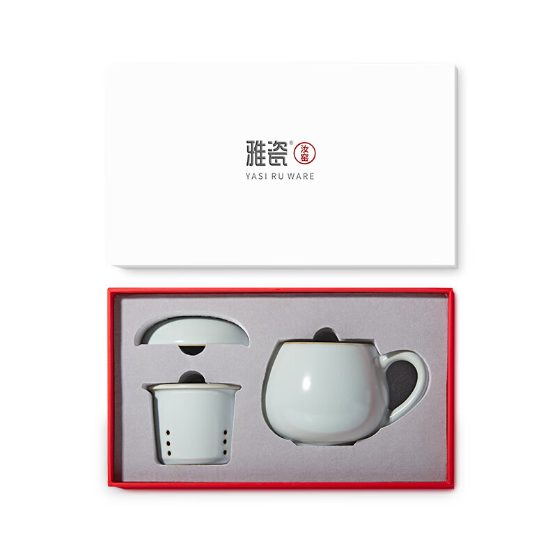 雅瓷汝窑陶瓷茶水分离杯家用带盖中漏办公室泡茶杯同心杯 汝窑同心杯340ml1只