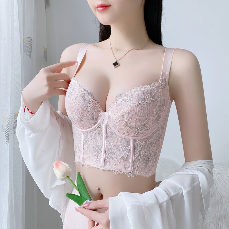 文胸调整型内衣女大码薄款聚拢收副乳上托防下垂矫正外扩七排扣胸罩套装女生夏季塑身美体 粉色 单件文胸 34B/75B