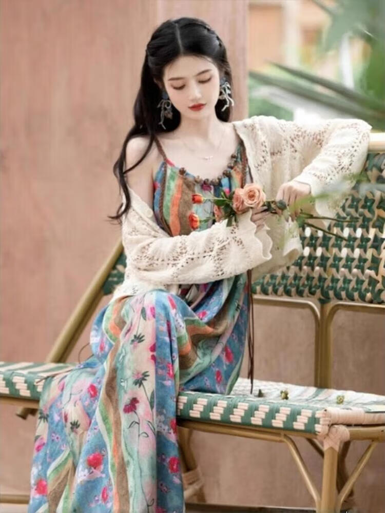 芳透大码胖mm波西米亚度假风长裙女夏民族风扎染碎花连衣裙套装200斤 单件 开衫 S