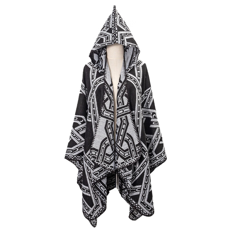 云蔷藏族披风斗篷 旅游穿搭男新疆西藏民族风加厚保暖拍照带帽围巾 【斗篷】夜鎏金黑白