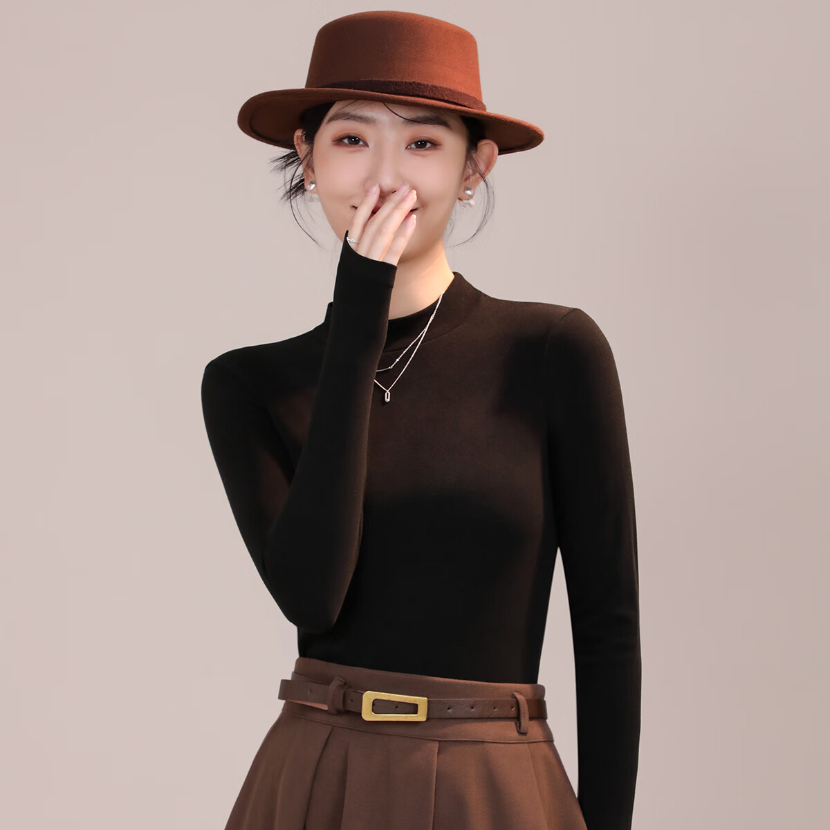 六月玫瑰半高领时尚打底衫女百搭修身显瘦女士打底衫女内搭高级感可外穿 黑色 M (80-100斤)