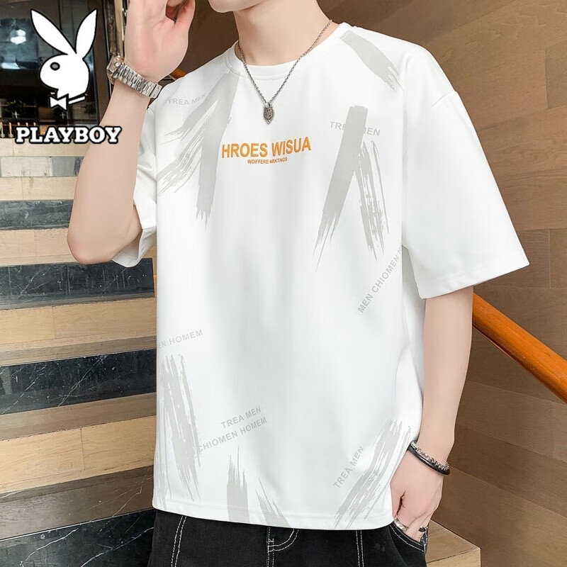 花花公子（PLAYBOY）短袖T恤男半袖上衣夏季宽松休闲潮流百搭印花圆领体恤 白色 XL