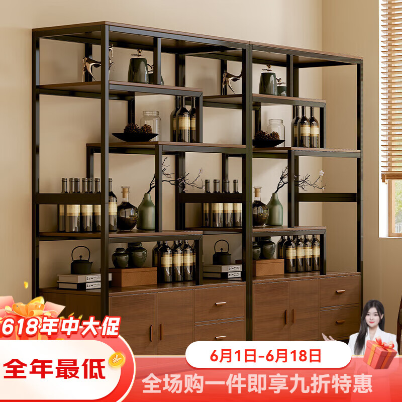 普美森酒柜靠墙客厅展示柜商用酒架2024年新款家用柜子储物柜饭店新中式 【无门款】胡桃木色+黑架80CM