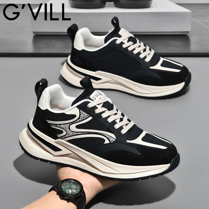 贵之步秋冬季新款舒适软底缓震防滑鞋男鞋厚底增高休闲运动鞋男款 黑杏 G020 42 （运动鞋码）