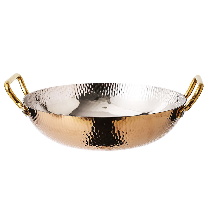 妙乐熊不锈钢锤纹双耳金色火锅锅加厚酸菜水煮鱼盆商用干锅电磁炉清汤锅 本色内口径30*高 7cm